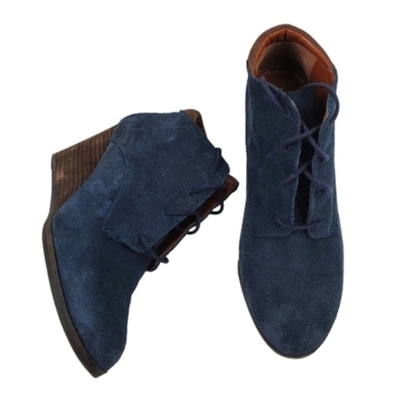 Lucky brand Sumba blue leather wedge ankle bootie size 7.5M - Picture 1 of 9